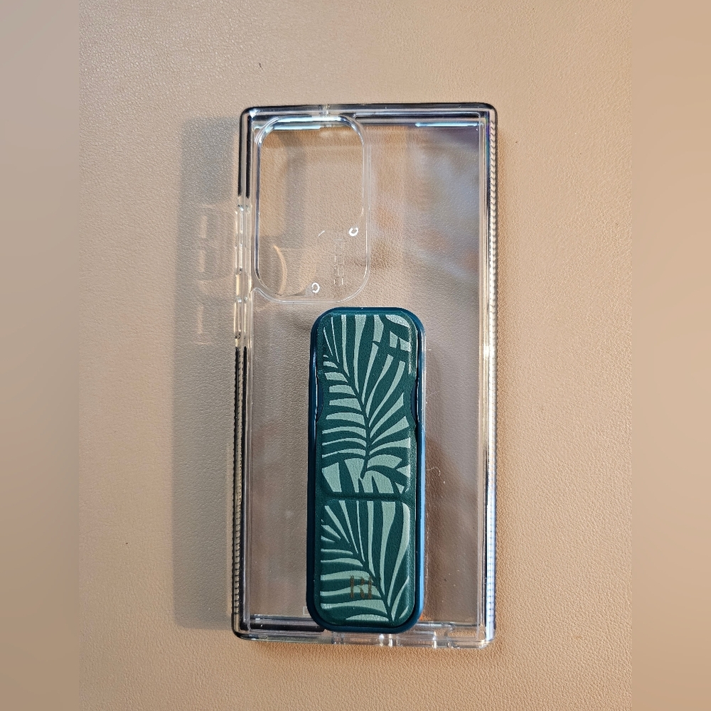 Samsung S23‎ Ultra Clear Case With Clickr Green Leaf Patterned Stand & Grip